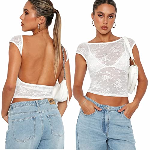 Arkim Backless Top Damen Y2K Rückenfreies Oberteil Sexy Oberteile Damen Umkehrbarer Stil Strassenmode Neu im Sommer Oberteile Damen(Spitze Weiß,L) von Arkim