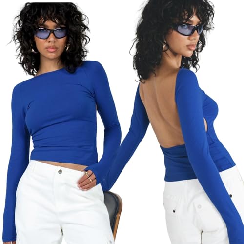 Arkim Backless Top Langarmshirts Damen Long Sleeve Y2k Top Basic Crop Tops Y2K Rückenfreies Oberteil Sexy Y2k Shirt Stil Strassenmode Neu Longsleeve Damen(Dunkelblau,L) von Arkim