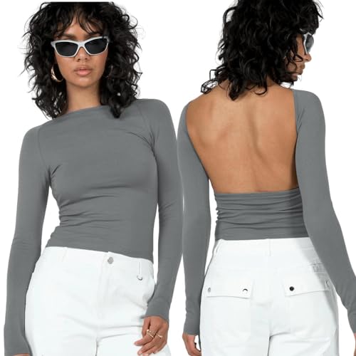 Arkim Backless Top Langarmshirts Damen Long Sleeve Y2k Top Basic Crop Tops Y2K Rückenfreies Oberteil Sexy Y2k Shirt Stil Strassenmode Neu Longsleeve Damen(Dunkelgrau,M) von Arkim