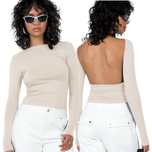 Arkim Backless Top Langarmshirts Damen Long Sleeve Y2k Top Basic Crop Tops Y2K Rückenfreies Oberteil Sexy Y2k Shirt Stil Strassenmode Neu Longsleeve Damen(Mandel,S) von Arkim