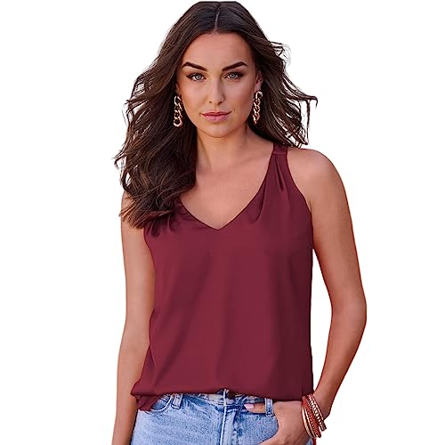 Arkim Satin Tank Top V-Ausschnitt Satin Top Damen Elegant Camisole Sommer Weste Bluse Sommer Shirt Damen(Burgunderrot-L) von Arkim