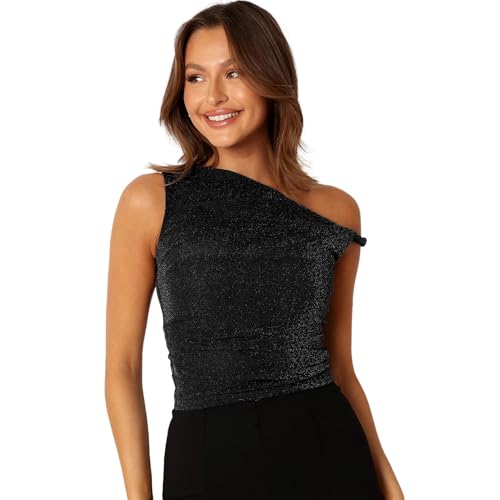 Arkim Schulterfreies Oberteil Damen Tops Y2k One Shoulder Oberteil Damen Elegant Sexy Slim Fit Off Shoulder Oberteil Damen für Alltag/Party/Reisen(Schwarz,S) von Arkim