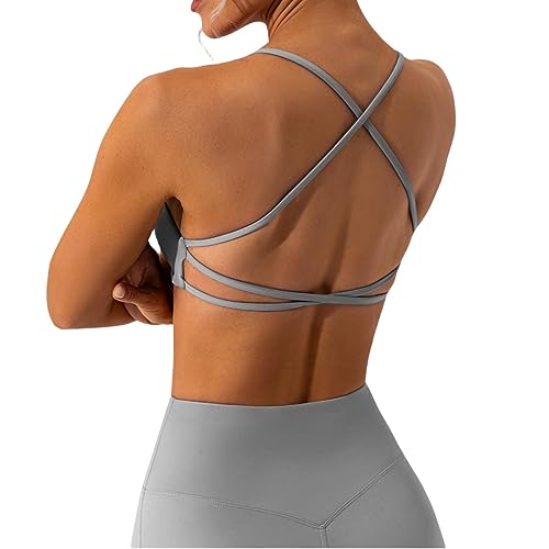 Arkim Sport BH Damen Ohne Bügel Gym Yoga BH Rückenfrei Gekreuzt Rücken Fitness Bustier Gepolstert Atmungsaktiv Sports Bra mit Abnehmbaren Cups(B-Grau,M) von Arkim