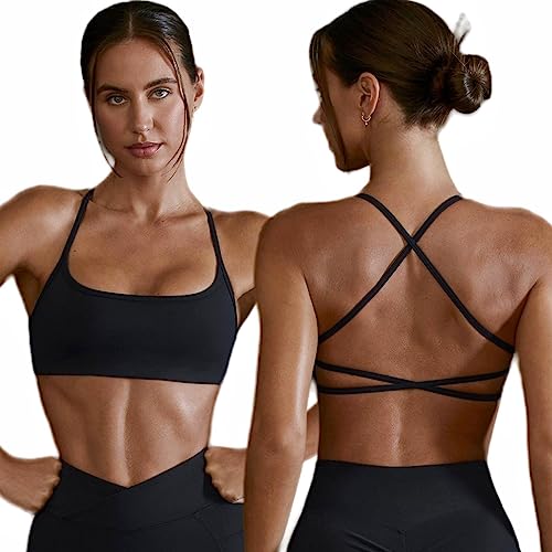 Arkim Sport BH Damen Ohne Bügel Gym Yoga BH Rückenfrei Gekreuzt Rücken Fitness Bustier Gepolstert Atmungsaktiv Sports Bra mit Abnehmbaren Cups (A-Schwarz,XL) von Arkim