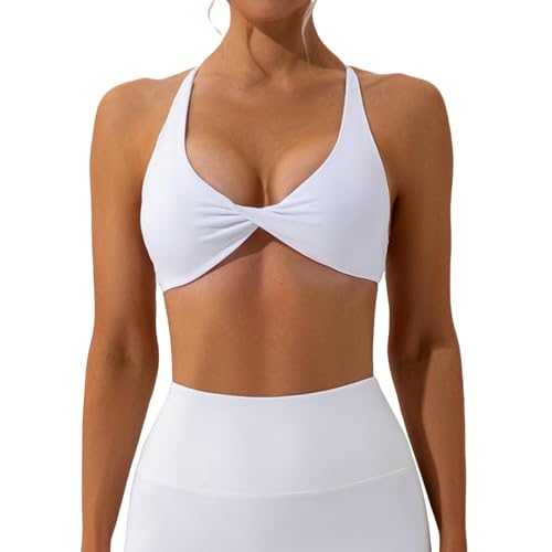 Arkim Sport BH Damen Ohne Bügel Gym Yoga BH Rückenfrei Gekreuzt Rücken Fitness Bustier Gepolstert Atmungsaktiv Sports Bra mit Abnehmbaren Cups (B-Weiß,M) von Arkim