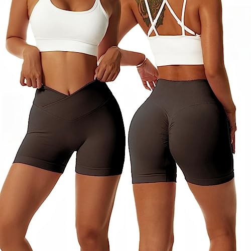 Arkim Sport Shorts Damen, Scrunch Butt Kurze Sporthose Damen, High Waisted V Taille Super Schlank Sport Leggings Biker Yoga Leggings Fitness Gym Shorts Damen(Braun,S) von Arkim