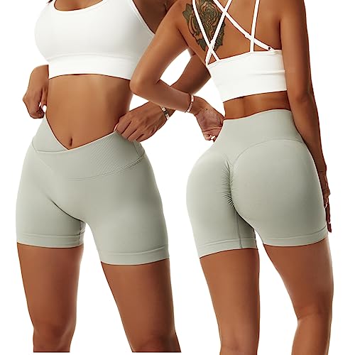 Arkim Sport Shorts Damen, Scrunch Butt Kurze Sporthose Damen, High Waisted V Taille Super Schlank Sport Leggings Biker Yoga Leggings Fitness Gym Shorts Damen(Hellgrau,XL) von Arkim