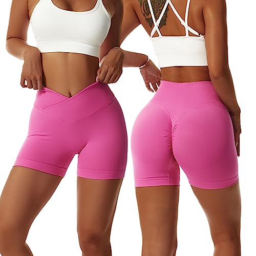 Arkim Sport Shorts Damen, Scrunch Butt Kurze Sporthose Damen, High Waisted V Taille Super Schlank Sport Leggings Biker Yoga Leggings Fitness Gym Shorts Damen(Rosa,L) von Arkim