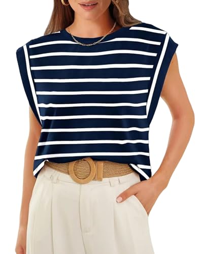 Arkim Tops für Damen Kappenärmel Sommer Basic Tops Casual Lose Passform Shirts Tank Top Damen(Navy+WeißStreifen,M) von Arkim