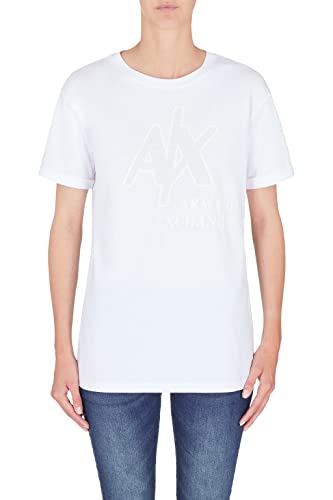 Armani Exchange Damen Nachhaltig, aufgerollte Passform, mit Strass besetztes Logo auf der Vorderseite. T-Shirt, White, XS von Armani Exchange