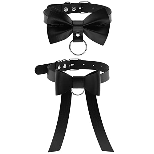 Aroncent Damen Schleife Choker Halskette: 2 PCS Halsband Leder Halskette Kragen Punk Gothic verstellbare Choker Halsreif für Frauen Mädchen Schwarz von Aroncent