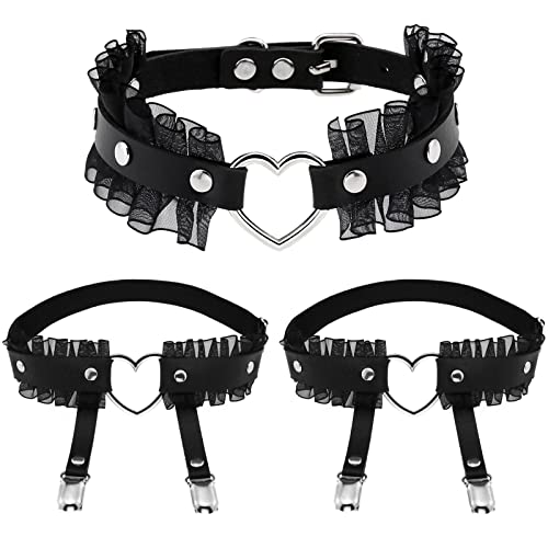 Aroncent 3 PCS Damen Halskette Choker Halsband Spitze Leder Halskette Choker Herz Anhänger Halsreif für Frauen Mädchen Damen, Schwarz von Aroncent