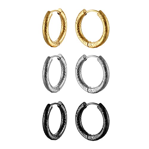 Aroncent 3 Paar Creolen Set Edelstahl Streifen Kreis Huggie Ohrringe Ohr Piercing für Herren Damen, Schwarz Gold Silber, Durchmesser 20mm von Aroncent