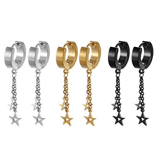 Aroncent 3 Paar Stern Kette Creolen Set Edelstahl Ohrringe Ohrhänger Huggie Ohr Manschette Piercing für Herren Damen, Schwarz Gold Silber von Aroncent