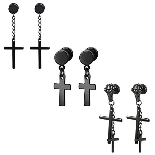 Aroncent 3 Paare Ohrstecker Set Edelstahl Kreuz Skelett Klaue Kette Ohrhänger Ohrringe Ohrpiercing für Herren Damen Schwarz von Aroncent