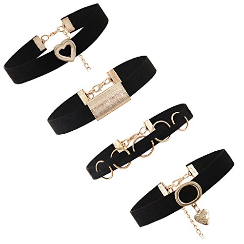 Aroncent 4 Stück Damen breit Hoker Halskette Velvet Choker Halsketten Tattoo Punk Gothic Halsband mit Gold Kette, Schwarz von Aroncent