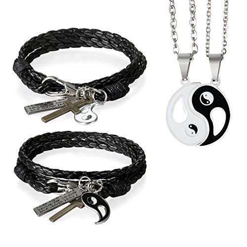 Aroncent 4PCS Schmuck-Set(Halskette und Armband), Edelstahl Tai Chi Yin Yang Partner Anhänger Kette und Leder Armband, Freundschaftsketten Freundschaftsarmband für Herren Damen, Schwarz Weiß Silber von Aroncent