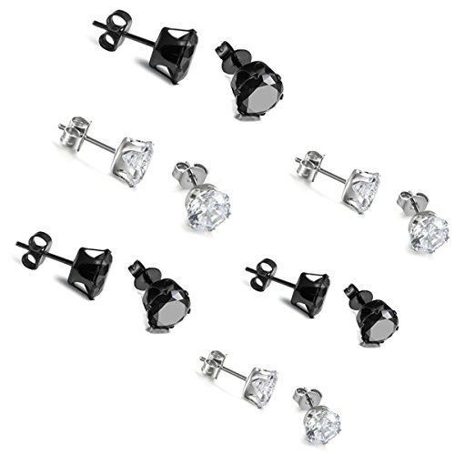 Aroncent 6 Paare(12PCS) Herren Damen Ohrringe, Exquisit Glänzend Edelstahl Zirkonia Diamant Kreis Rund Ohrstecker Creolen Ohrschmuck, Schwarz Silber von Aroncent