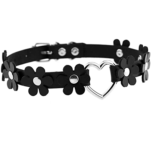 Aroncent Damen Blume Halskette Choker Halsband Leder Halskette Punk Stil verstellbare Choker Herz Anhänger Halsreif für Frauen Mädchen Damen, Schwarz von Aroncent