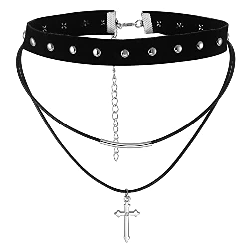 Aroncent Damen Kreuz Halskette Niete Choker Halsband Leder Halskette Choker Kreuz Anhänger Halsreif für Frauen Mädchen Damen von Aroncent