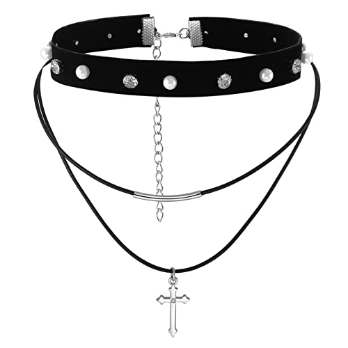 Aroncent Damen Kreuz Halskette Niete Choker Halsband Leder Halskette Niete Choker Kreuz Anhänger Halsreif für Frauen Mädchen Damen von Aroncent