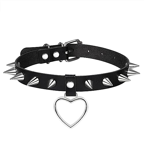 Aroncent Damen Punk Choker Halsband Halskette - Schwarz Leder Gothic Rock Choker Exquisit Herz Metalllegierung Niet Lederhalskette Verstellbaren Größen von Aroncent