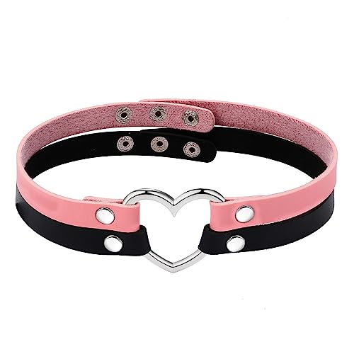 Aroncent Damen Punk Gothic Rock Choker - Schwarz Pink Leder Halsband Halskette Choker Exquisit Herz Metalllegierung Lederhalskette doppelt Kette Verstellbaren Größen von Aroncent