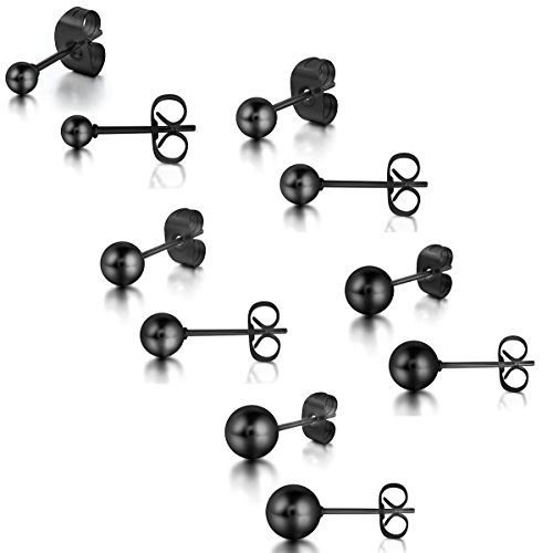 Aroncent Unisex Perle Ohrstecker Set: 5 Paare Edelstahl Imitation Perlen Kugel Ohrringe Ohr Piercing Geschenk für Herren Damen Schwarz 3mm 4mm 5mm 6mm 8mm von Aroncent