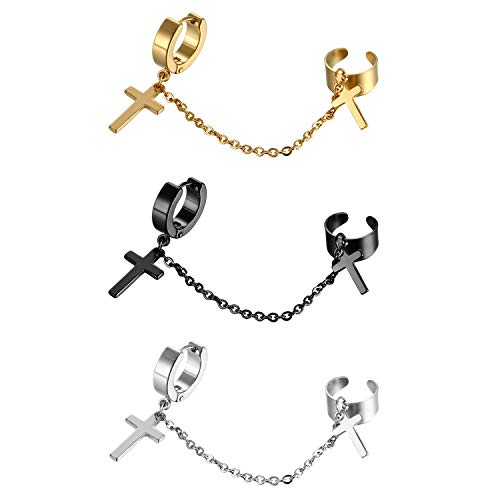 Kreuz Ohrringe Set Ohrhänger Kette - 3 Paar Edelstahl Creolen mit Ohrklemme Ohrclips Ohr Piercing für Herren Damen Schwarz Gold Silber von Aroncent