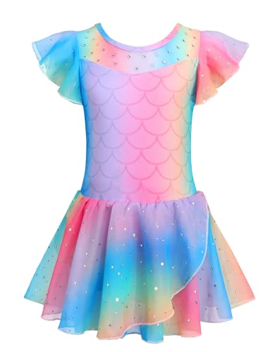 Arshiner Ballettkleider Mädchen Masche Gerüschte Kurze Ärmel Ballettkleidung Tanzkleid Ballettanzug Kinder Baumwolle Glitzer Balletttrikot mit Tüllrock Muster 2/130 von Arshiner