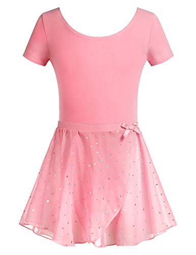 Arshiner Ballettkleidung Kinder Set Ballettanzug Mädchen Kurzarm Ballettkleid Pailletten Tanzkleid Tanzbody mit Chiffon Wickelrock Dunkelrosa 120/3-4 Jahre von Arshiner