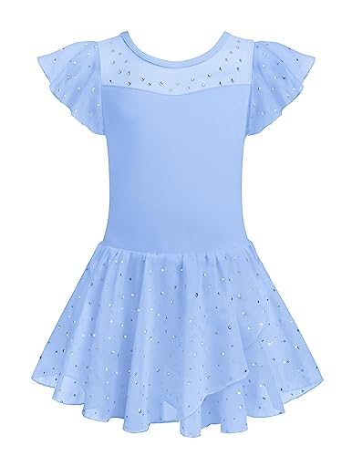 Arshiner Ballettkleidung Mädchen Gerüschte Kurze Ärmel Ballettkleid Tanzkleid Kinder Masche Ballettanzug Ballett Trikot Ballerina Kleid Balletttrikot Ballerina kostüm mit Rock Tütü Blau 120 von Arshiner