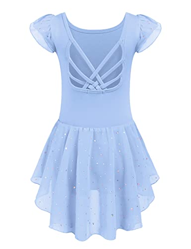 Arshiner Kinder Ballettkleid Rückenfrei Mädchen Kurzarm Ballettkleidung Baumwolle Tanzkleid Ballett Turnanzug Blau Balletttrikot mit UnregelmäßIges Ballettrock 140/5-6 Jahre von Arshiner