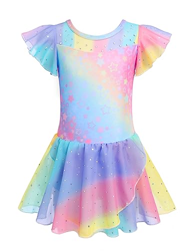 Arshiner Kinder Ballettkleidung Ballettkleid Mädchen Gerüschte Kurze Ärmel Masche Balletttrikot Ballettanzug Tanzkleid Tanzbody aus Baumwolle mit Chiffon Rock Tütü Muster 1/140 von Arshiner