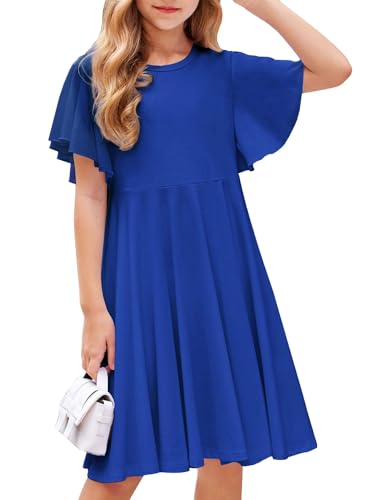 Arshiner Kinder Kleider Sommer Mädchen Kurzarmkleid Casual Baumwollkleid A-Line Swing Kleid Knielanges Kleid Schulanfang Partykleid Blau Frühlingskleidung mit Tasche 110-6Jahre von Arshiner