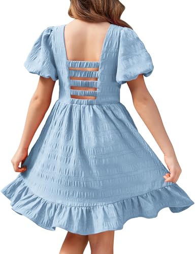 Arshiner Kleider Mädchen Puffärmel Prinzessin Sommerkleid rückenfreies Kinderkleid fest Kommunions festlich Party Kleid Blau 6 von Arshiner