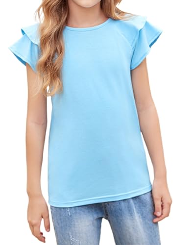 Arshiner Mädchen T-Shirts Gewellte Ärmel Kinder Sommer Rundhals Kurzarm Tops Lässig Mode Einfarbig Tshirt für Mädchen 10-11 Jahre Bleu Himmelblau von Arshiner