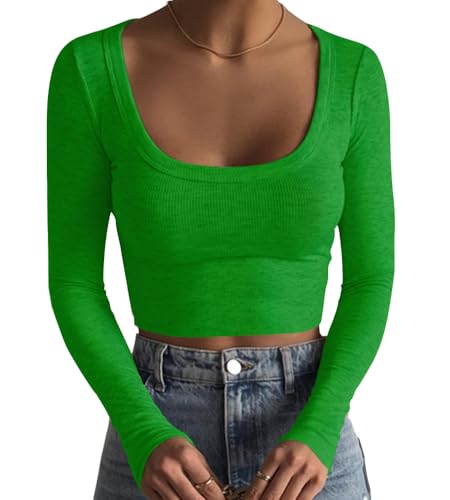 Artfish Damen Quadratischer Ausschnitt Langarm Gerippt Slim Fitted Casual Basic Crop Top, kelly green, X-Groß von Artfish