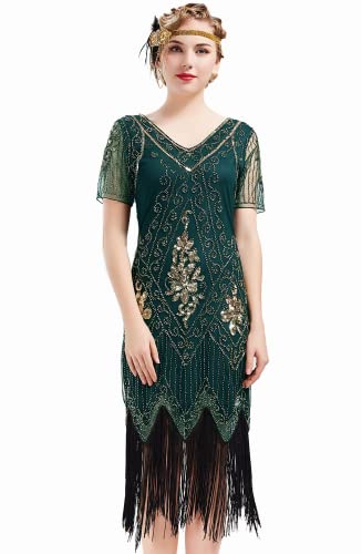 BABEYOND 1920s Kleid Damen Flapper Kleid mit Kurzem Ärmel Gatsby Motto Party Damen Kostüm Kleid (Dunkelgrün, S) von BABEYOND