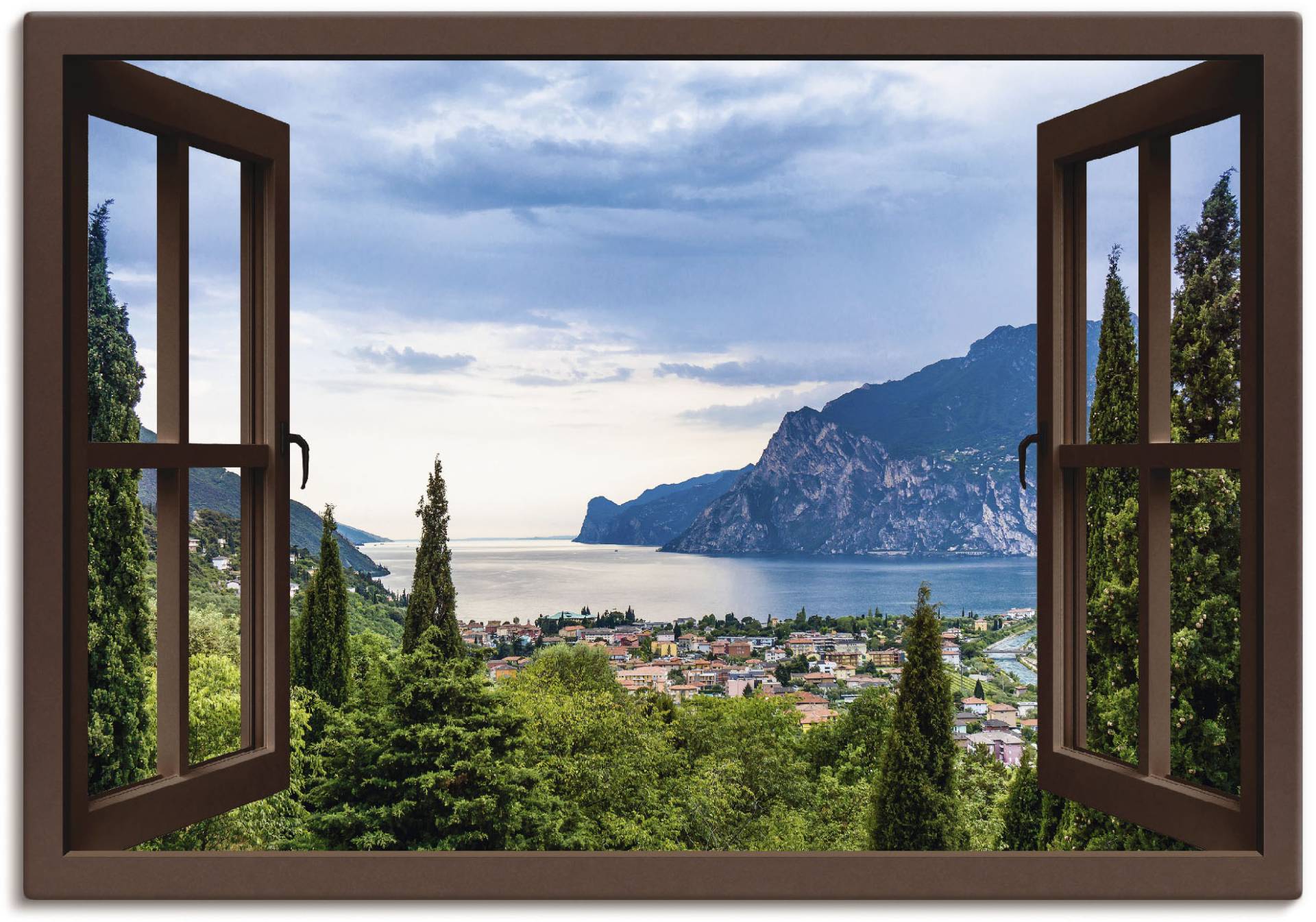 Artland Wandbild "Gardasee durchs braune Fenster", Seebilder, (1 St.), als Alubild, Outdoorbild, Leinwandbild, Poster in verschied. Größen von Artland