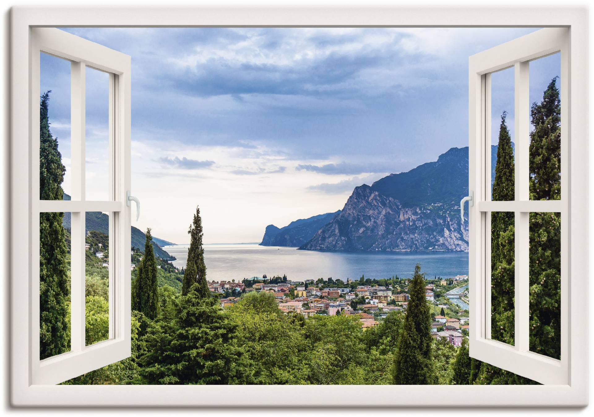 Artland Wandbild "Gardasee durchs weiße Fenster", Seebilder, (1 St.), als Alubild, Outdoorbild, Leinwandbild, Poster, Wandaufkleber von Artland