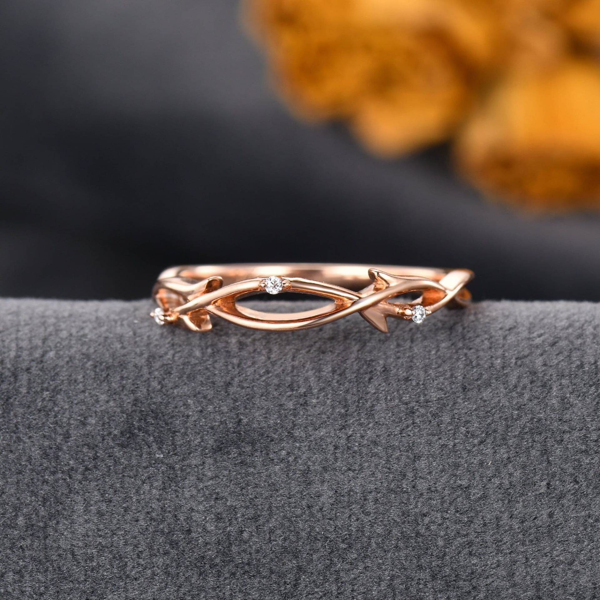 Rebe Ehering Frauen Rose Gold Blatt Passender Ring Diamant Vintage Zweig Design Stapelring Halb Eternity Band Versprechen Geschenk von ArtlandUS