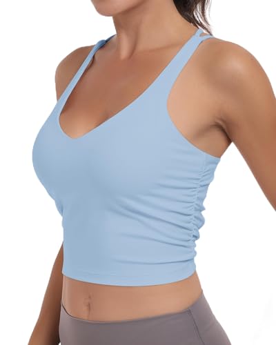 As Fairy Damen-Sport-BH, gerüscht, Criss Cross Back Crop Tank Top, Langer, kabelloser, gepolsterter Yoga-BH (Denim Blau,S) von As Fairy