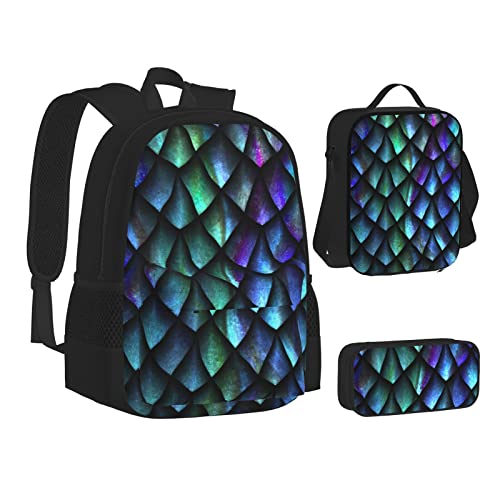 Aseelo 3D Magische Drachenschuppen Muster Rucksack mit Lunchbox für Jungen Schultaschen Schüler Büchertasche und Federmäppchen für Mädchen Set 3 Stück, 3D Magische Drachen Schuppen Muster, von Aseelo