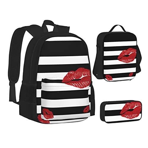 Aseelo Lustige Flip Flops Hausschuhe Kunst Sandalen Rucksack mit Lunchbox für Jungen Schultaschen Student Büchertasche und Federmäppchen für Mädchen Set 3 Stück, Mit schwarzen und weißen Streifen von Aseelo