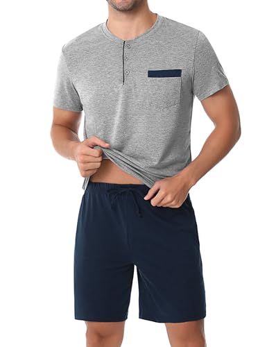 Aseniza Herren Pyjama Kurz Shorty Schlafanzug Baumwolle Sommer Schlafanzüge mit T-Shirt und Kurzer Schlafanzughose,Grau,XXL von Aseniza