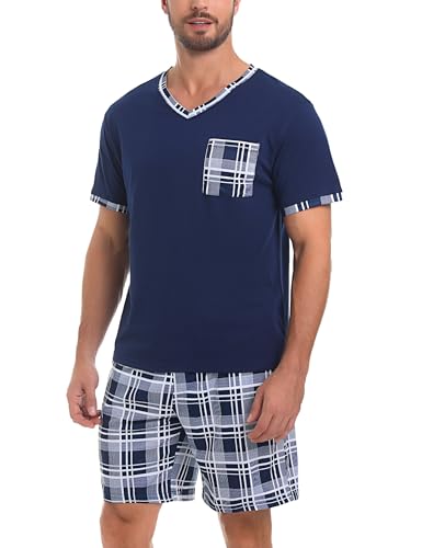 Aseniza Herren Schlafanzug Kariert Kurz Pyjama Baumwolle Sommer Shorty Kurzarm T-Shirt und Karierte Pyjamahose für Männer,Dunkelblau,L von Aseniza