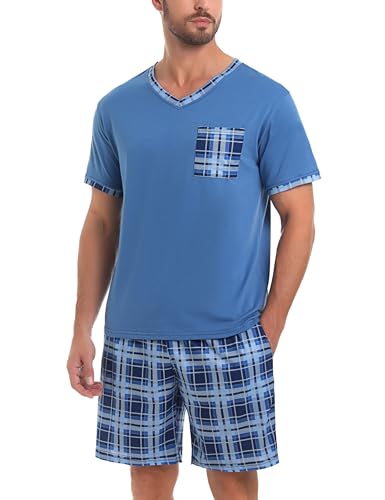 Aseniza Herren Schlafanzug Kurz Kariert Baumwolle V-Auschnitt Zweiteiliger Pyjama mit Kurzarm T-Shirt und Karierten Shorts,Blau,M von Aseniza