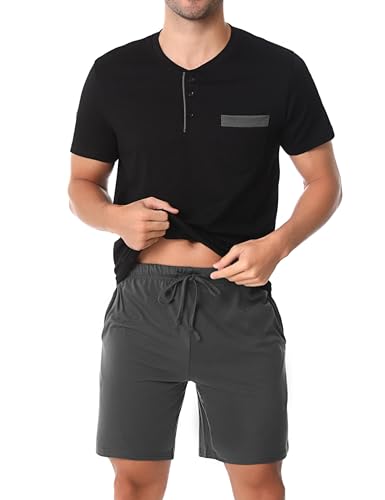 Aseniza Herren Schlafanzug Kurz Pyjama Baumwolle Knopfleiste Sommer Shorty Pyjama Nachtwäsche Zweiteilig Pyjama Set für Männer,Schwarz,XL von Aseniza