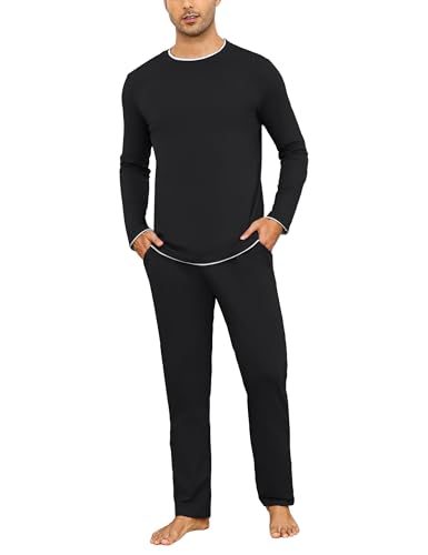 Aseniza Herren Schlafanzug Lang 100% Baumwolle Zweiteiliger Pyjama mit Unifarbenem Langarmshirt und Pyjamahose,Schwarz,XXL von Aseniza